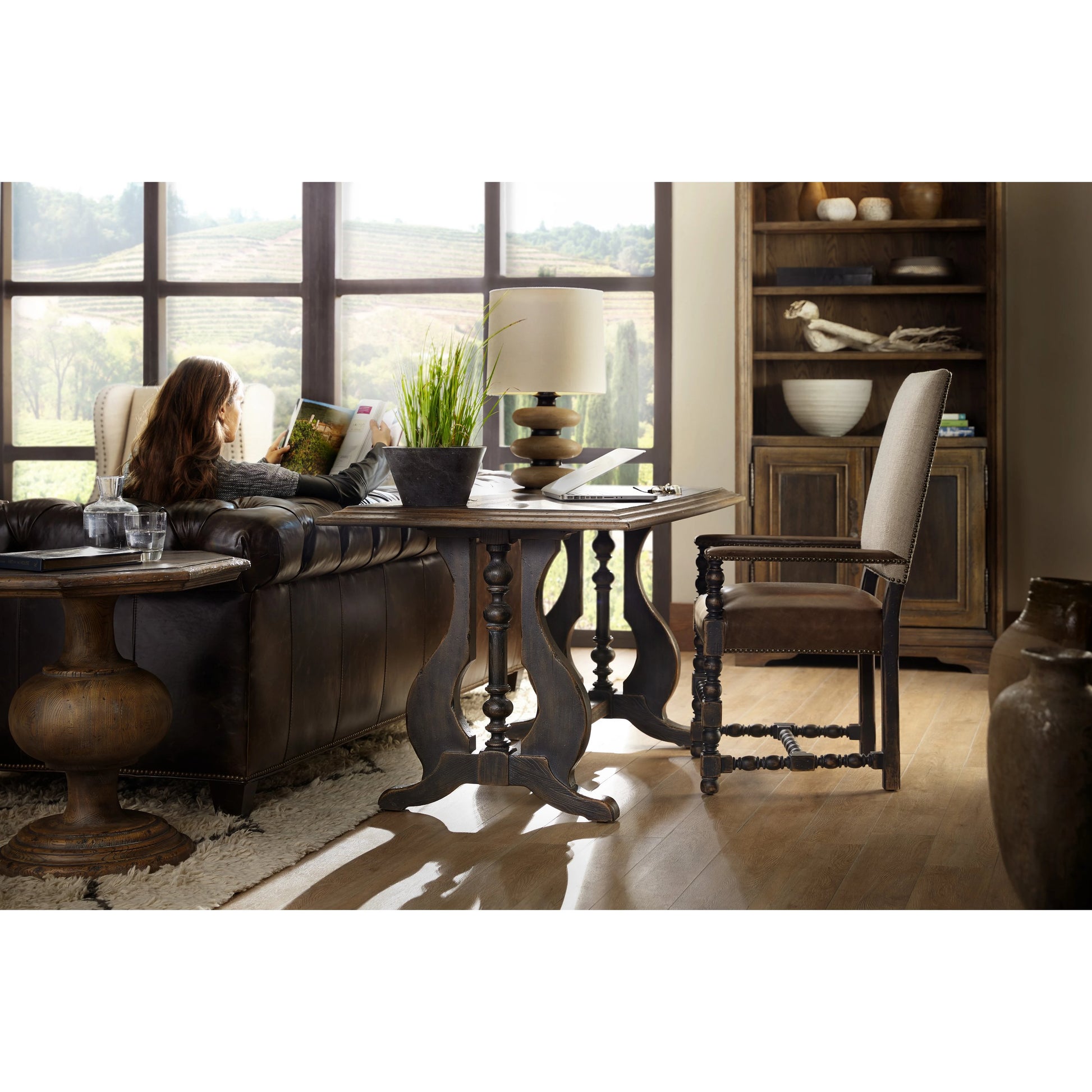 Mason End Table by Hooker Furniture in saddle brown. Made from white oak veneers, resin in a traditional style.