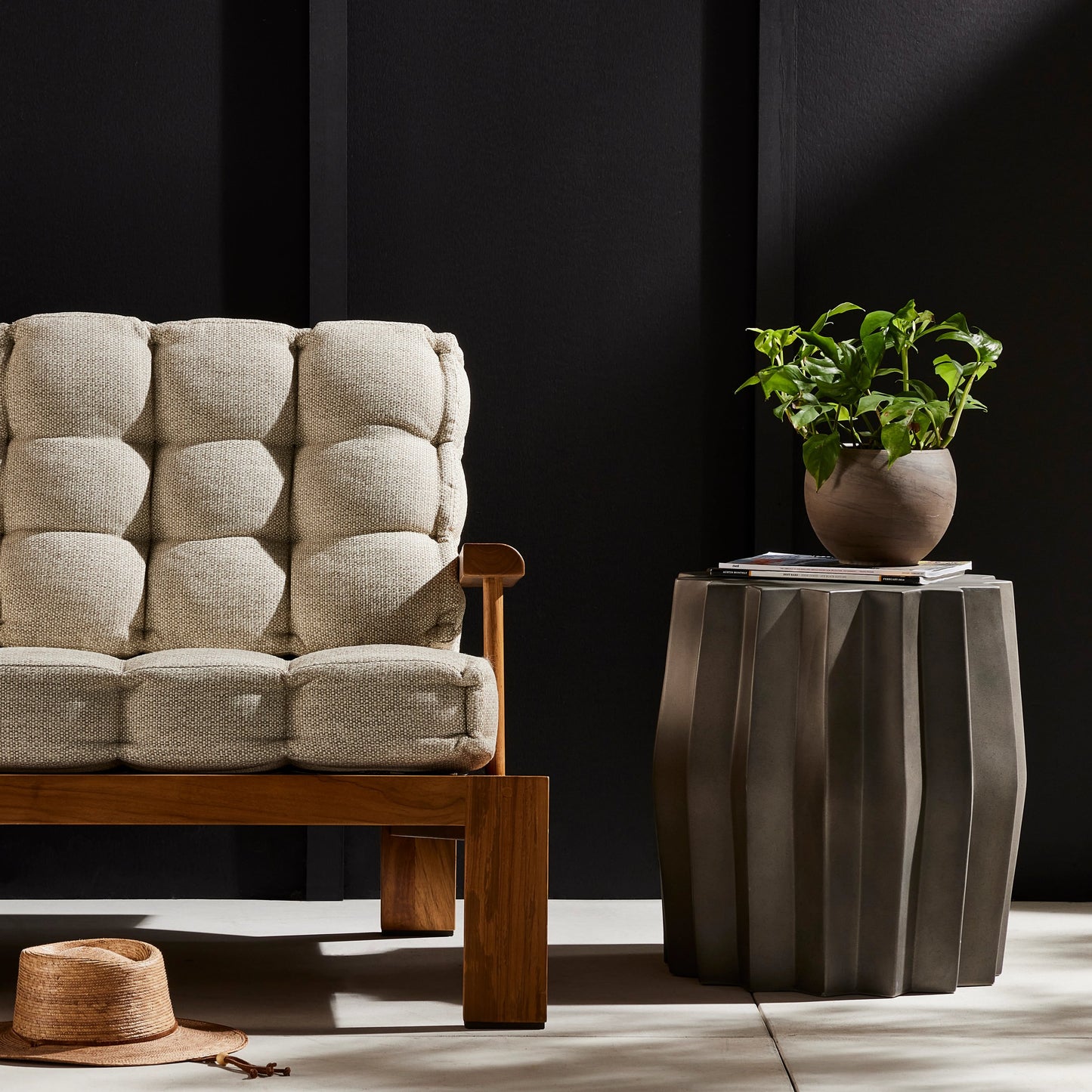 015 SI-1715375 | Lifestyle | Gem Outdoor End Table by Four Hands. Made from concrete in a modern style.