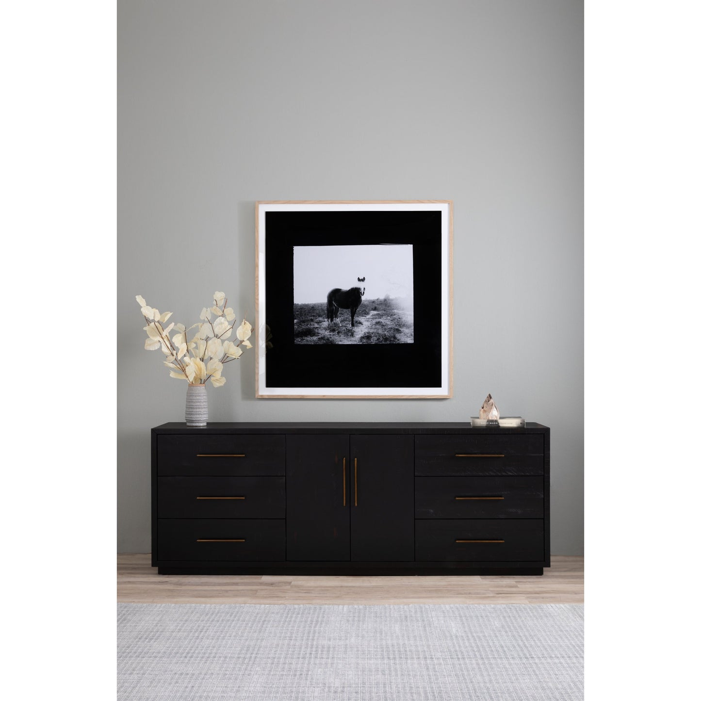 013 S-279530 | Lifestyle | Suki Large Media Console by Four Hands in burnished black. Made from resawn mixed wood, mixed wood solid in a modern style.