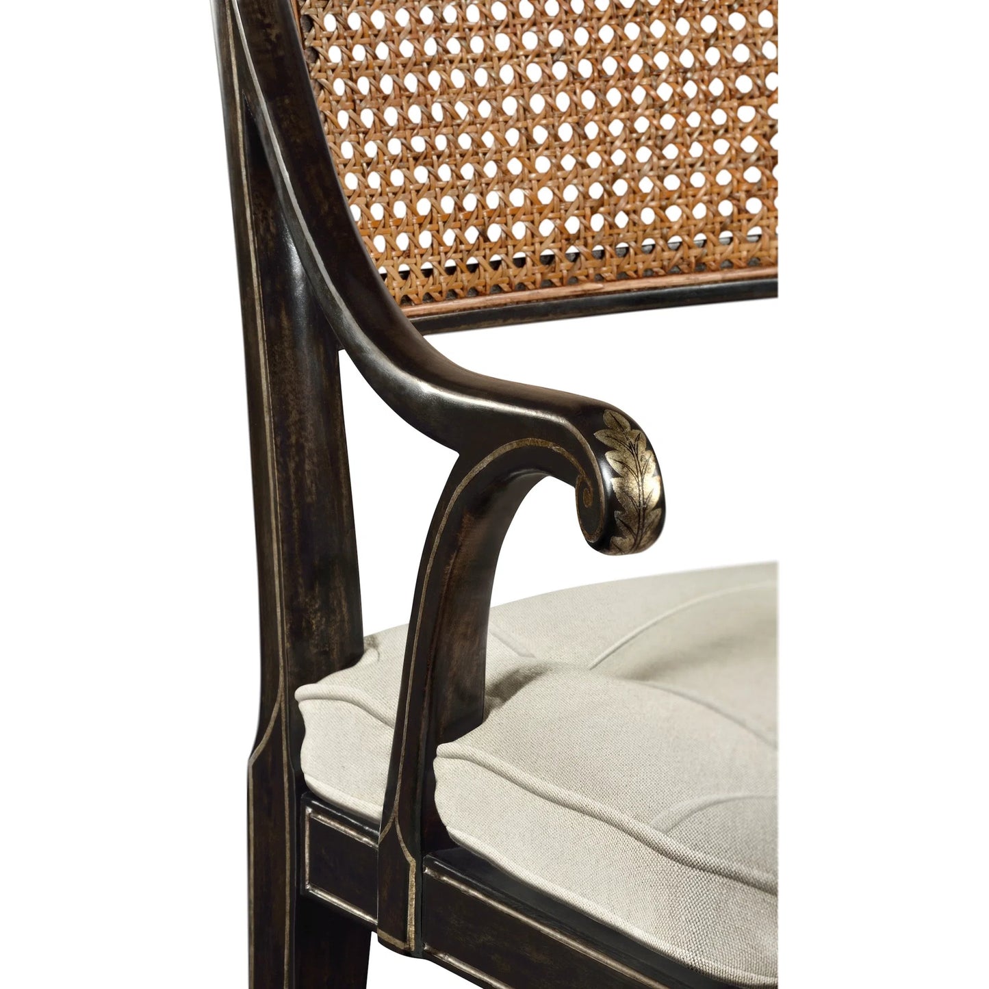 005 SI-2252702 | Closeup | William Yeoward Linden Dining Arm Chair by Jonathan Charles in charcoal wash. Made from acacia, foam, fabric, cane in a traditional style.