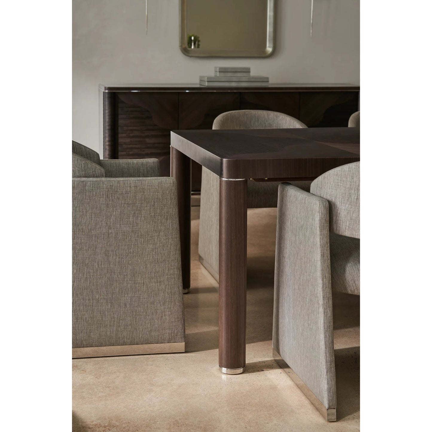 005 SI-2162884 | Lifestyle | Mirror Image Dining Table by Caracole in silver and otter, walrus, polished silver. Made from asian hardwood, dyed eucalyptus, dyed tupelo in a traditional style.