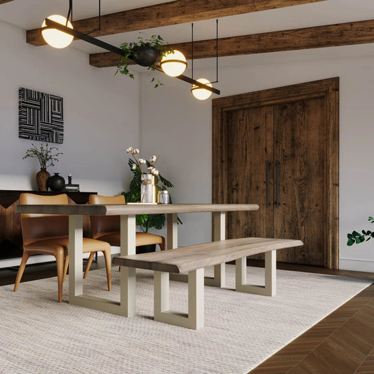 Taj Dining Bench by LH Imports in brown and vinegar, acrylic matte, silver, powder coated. Made from acacia in a unique style.