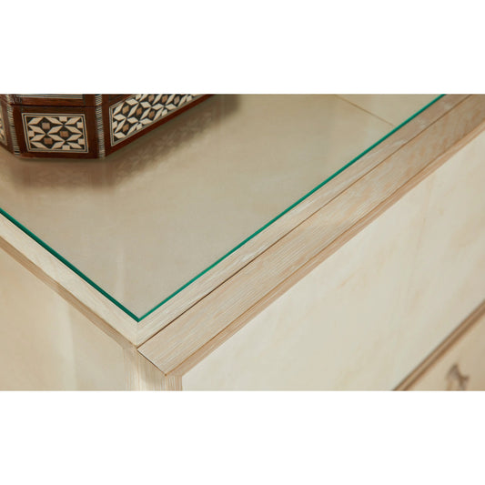 Hydra Nightstand by Jonathan Charles in parchment oak. Made from oak, oak veneer, brass, vellum in a transitional style.
