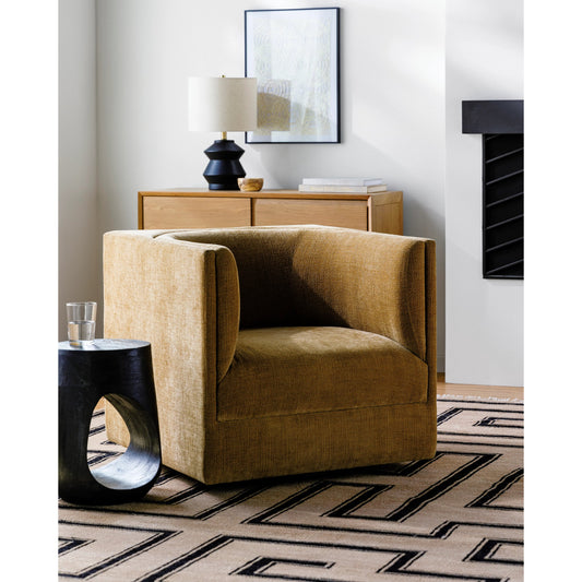 Vivienne Armchair by Surya in mustard, brown and lacquered. Made from upholstery: polyester, base: rubber wood, fill: 70% polyurethane foam, 30% mixed feather in a modern style.