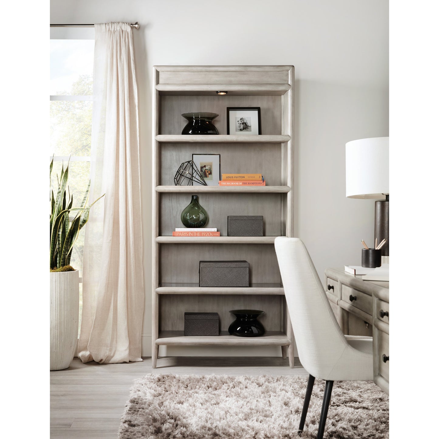 002 SI-1748497 | Lifestyle | Burnham Bookcase by Hooker Furniture in grey mink. Made from alder veneers with knots in a cottage & farmhouse style.