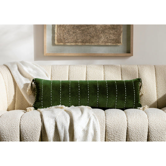 Velvet Kantha Pillow - 32050 by Surya in grass green, cream. Made from front: 100% cotton velvet, back: 100% cotton velvet in a modern style.