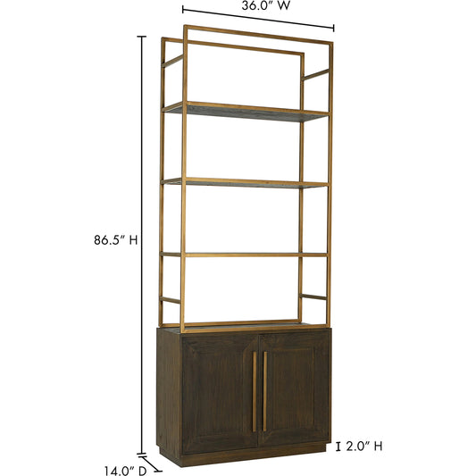 Elliot Bookshelf by Moe's Home Collection in brown. Made from solid oak, iron frame in a modern style.