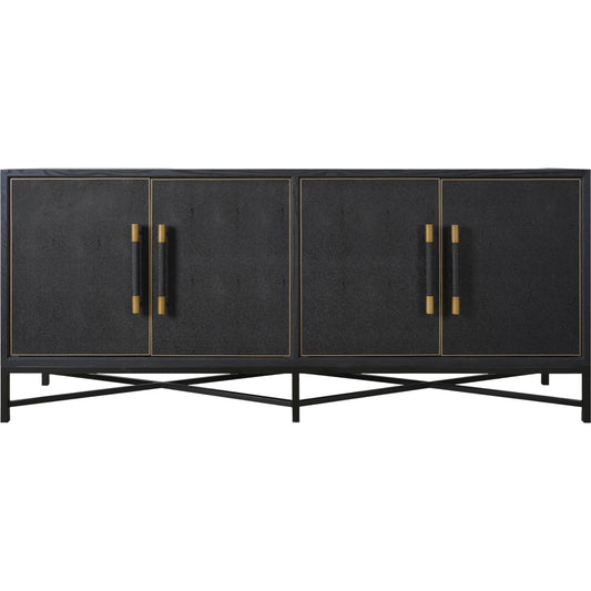 Mako Sideboard by Moe's Home Collection. Made from shagreen patterned polyurethane, solid black oak frame, brass legs, plywood on door, side panel, top panel back panel in a modern style.