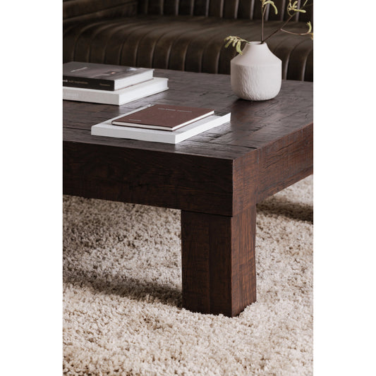 Evander Square Coffee Table by Moe's Home Collection in rustic brown. Made from solid reclaimed oak, plywood support in a modern style.