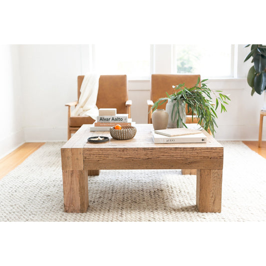 Evander Table Aged Oak by Moe's Home Collection in natural. Made from solid reclaimed oak frame, oak veneer over plywood in a rustic style.