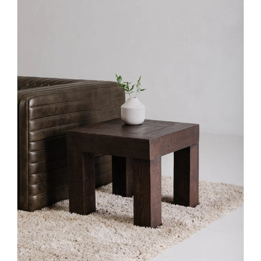 Evander Side Table by Moe's Home Collection in rustic brown. Made from solid reclaimed oak, plywood support in a rustic style.