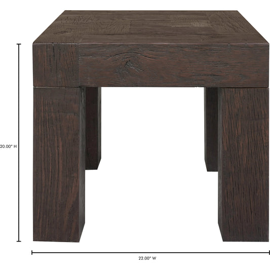 Evander Side Table by Moe's Home Collection in rustic brown. Made from solid reclaimed oak, plywood support in a rustic style.