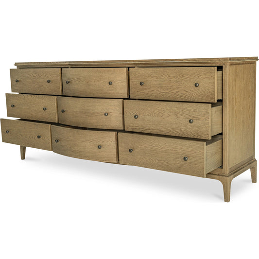 Sadie 9 Drawer Dresser by Moe's Home Collection in brown. Made from solid oak frame, oak veneer over plywood top, side, oak veneer drawer interior in a transitional style.