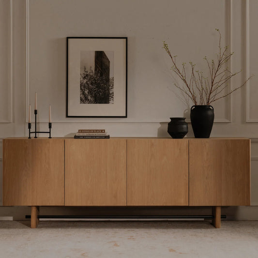 Madison Sideboard by Moe's Home Collection in natural oak. Made from solid oak tabletop, base edge, oak veneer over plywood tabletop, metal in a transitional style.