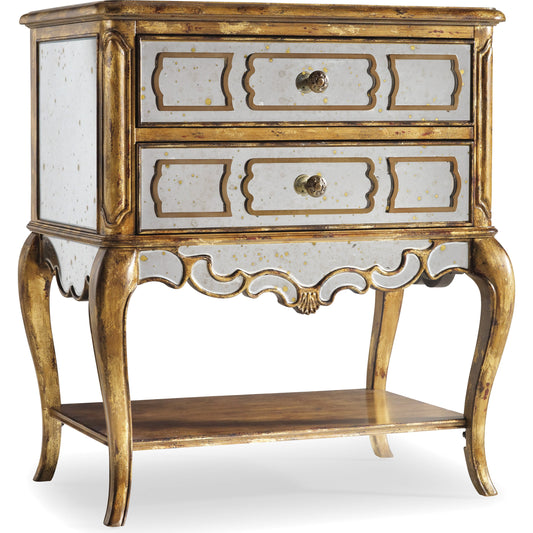 001 SI-1749601 | Primary Silo | Sanctuary Two Drawer Nightstand by Hooker Furniture in bling. Made from birch veneers with antique mirror, metal in a traditional style.