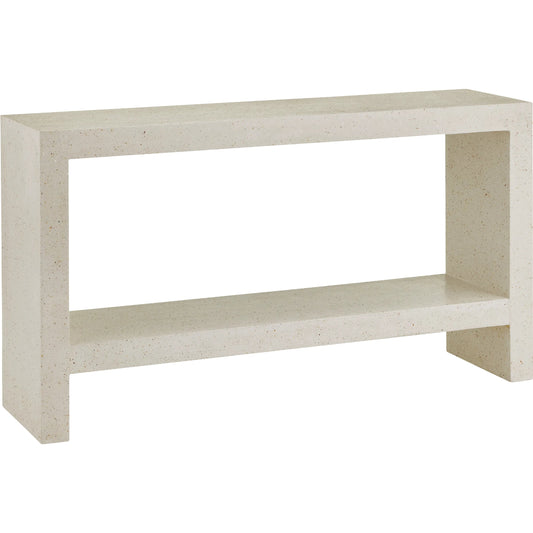 Carson Console Table by Currey and Company in ivory terrazzo. Made from fiber concrete, stone, shell in a transitional style.