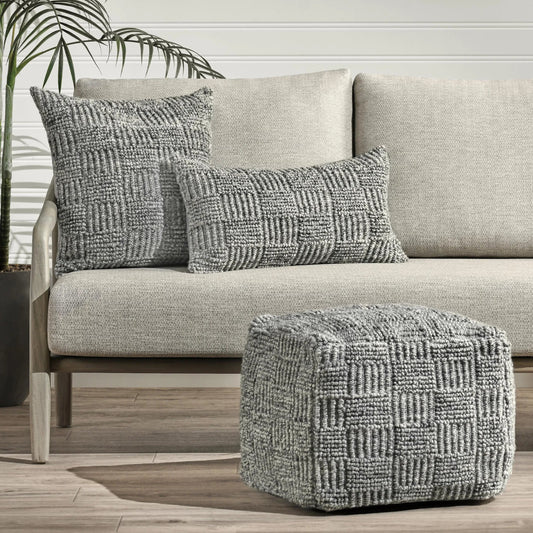 Shades Recycled Fabric Indoor Outdoor Pouf by Villa by Classic Home in gray. Made from 100% pet recycled plastic in a rustic style.