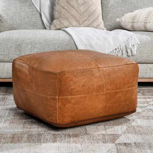 Cheyenne Wide Square Pouf by Villa by Classic Home in chestnut brown. Made from 100% genuine leather in a transitional style.
