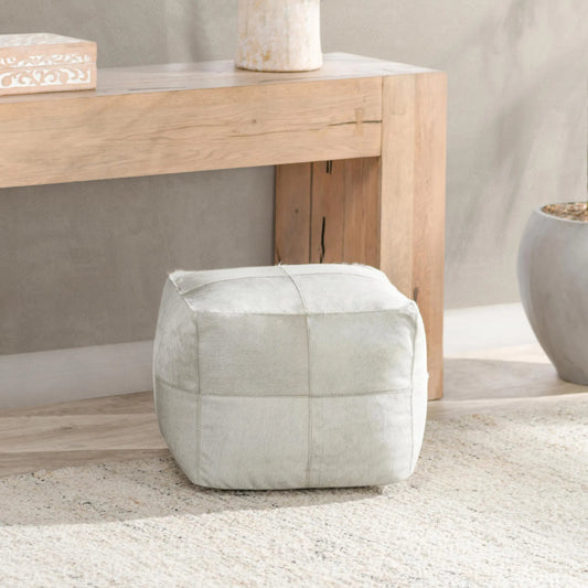 Canada Natural Leather Hide Pouf by Villa by Classic Home in ivory. Made from 100% hide in a cottage & farmhouse style.