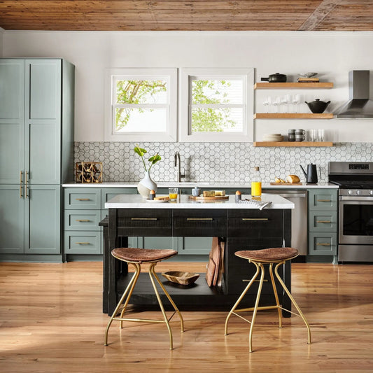 Ian Kitchen Island by Four Hands in black acacia. Made from solid acacia, solid marble in a traditional style.