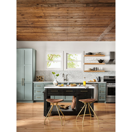 Ian Kitchen Island by Four Hands in black acacia. Made from solid acacia, solid marble in a traditional style.