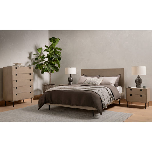 Carly 5 Drawer Dresser by Four Hands in antique bronze, grey wash and gray wash. Made from thin acacia veneer, iron in a modern style.
