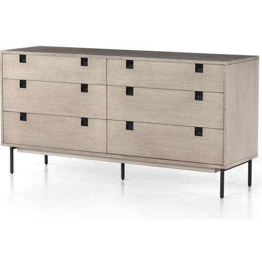Carly 6 Drawer Dresser by Four Hands in antique bronze, grey wash and gray wash. Made from thin acacia veneer, iron in a modern style.