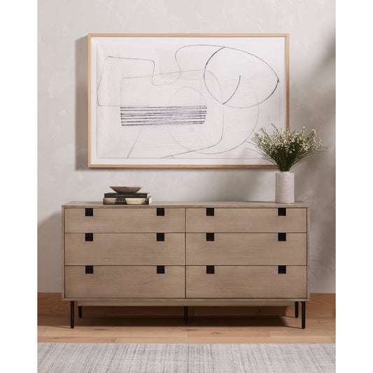 Carly 6 Drawer Dresser by Four Hands in antique bronze, grey wash and gray wash. Made from thin acacia veneer, iron in a modern style.
