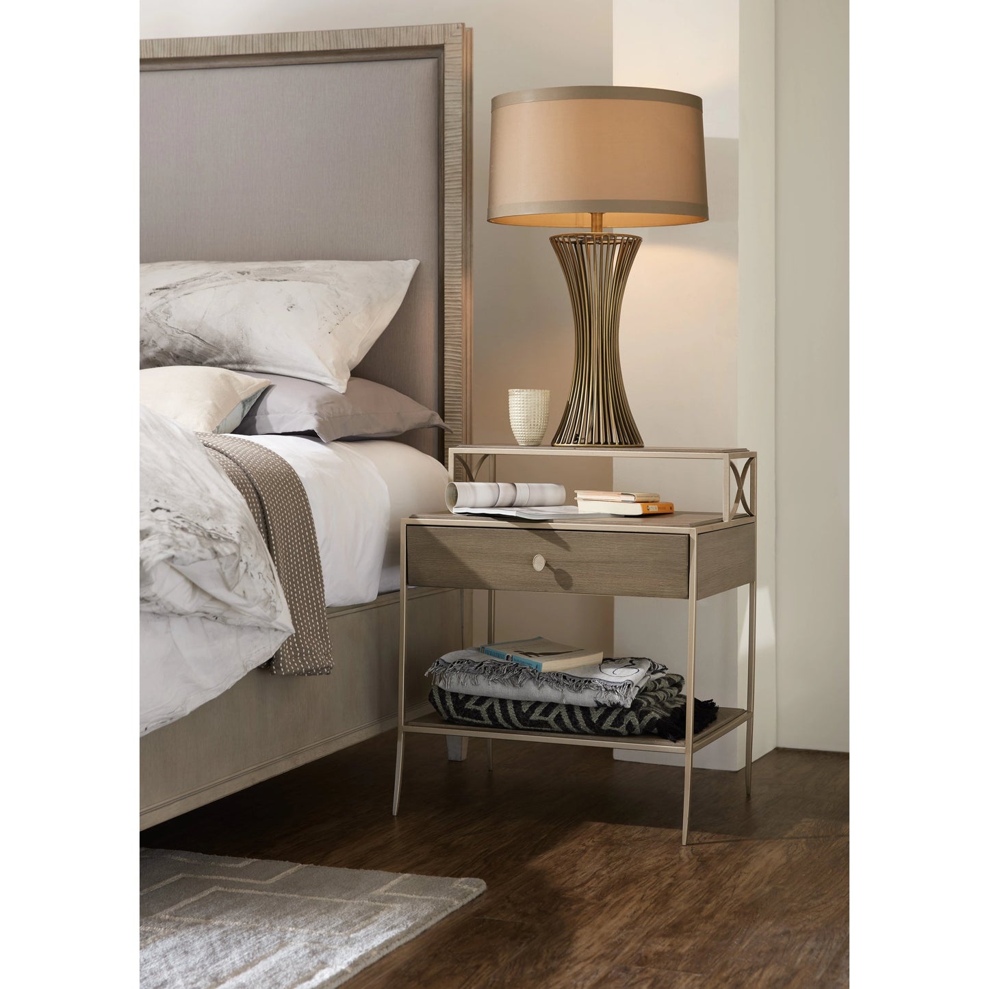006 SI-1748834 | Lifestyle | Elixir Nightstand by Hooker Furniture in champagne silver. Made from chinese walnut veneers, metal in a modern style.