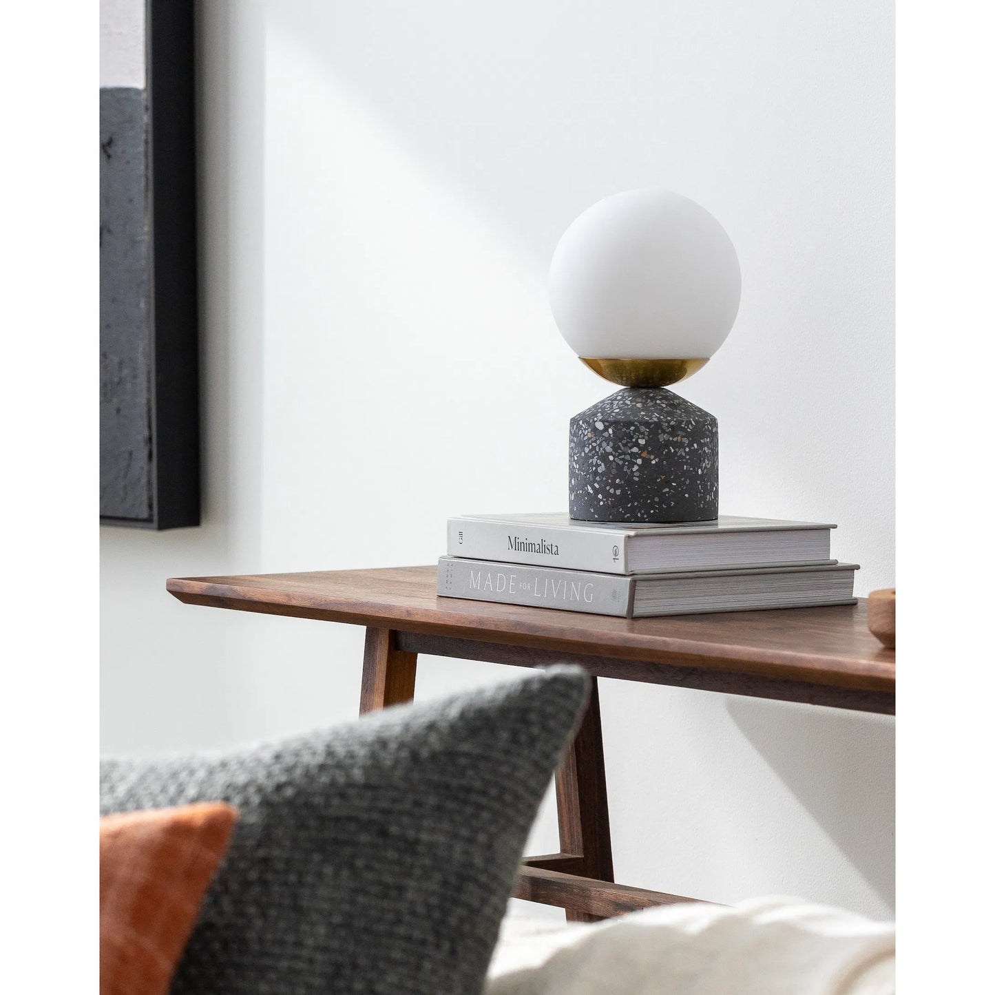 002 SI-2054065 | Lifestyle | Verve Globe Lamp by Livabliss in body: aqua, gray, base: gray, shade: white, cord: black and polished. Made from body: cement, base: cement, shade (outside): glass in a modern style.