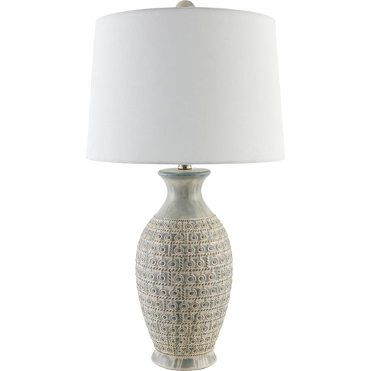 Veroli Accent Table Lamp by Surya in translucent, metallic nickel, white, gray, metallic silver and glazed, plated. Made from ceramic, linen, polyester, iron in a transitional style.