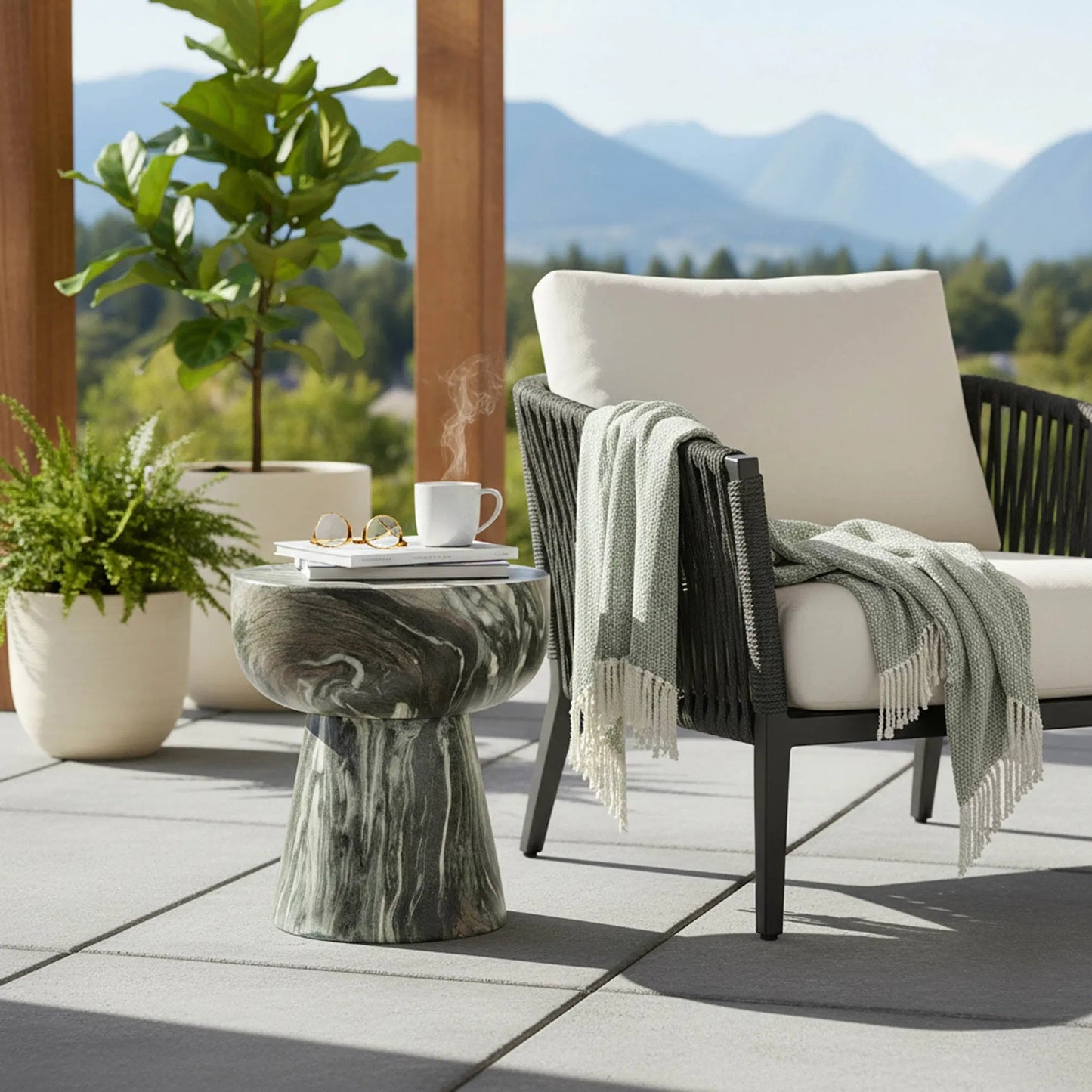 012 SI-2325337 | Lifestyle | Binx Side Table by LH Imports in green, grey, white and marble pattern. Made from concrete in a unique style.