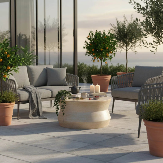 Zac Coffee Table by LH Imports in travertine and light travertine. Made from concrete in a unique style.