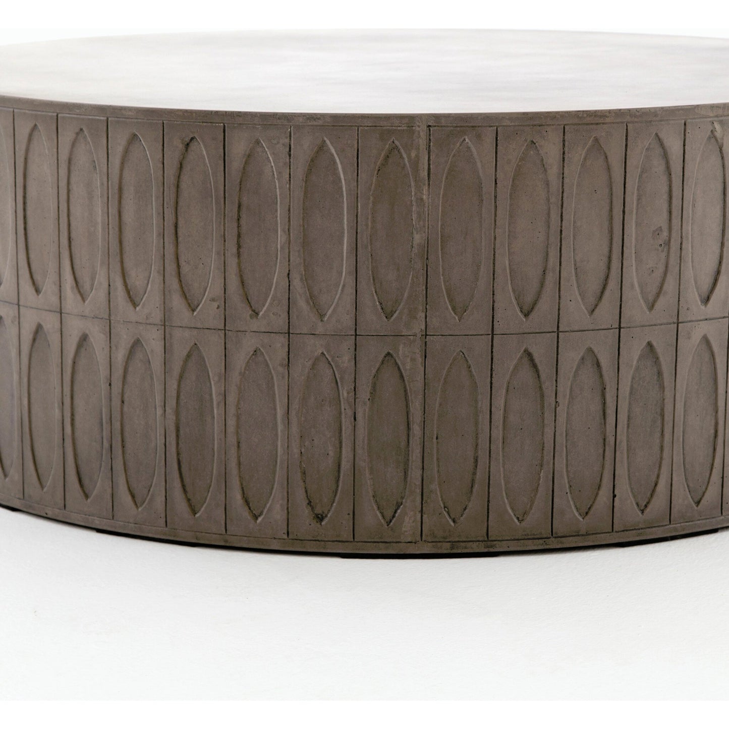006 S-279241 | Closeup | Colorado Drum Coffee Table by Four Hands in grey concrete and dark gray. Made from concrete in a eclectic & global style.