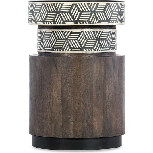 Commerce and Market Vector Round Side Table by Hooker Furniture in dark wood, black & white bone inlay. Made from mango solids, bone, iron in a modern style.