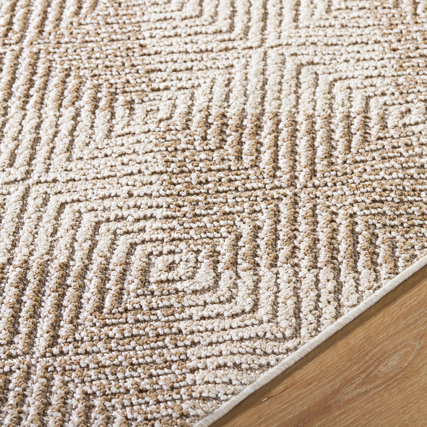 005 SI-2169324,SI-2169325,SI-2169326,SI-2169327 | Closeup | Kaya Rug - 541532 by Vivir x Livabliss in ash, khaki, prairie dust, desert sand, pearl, walnut. Made from polypropylene in a unique style.