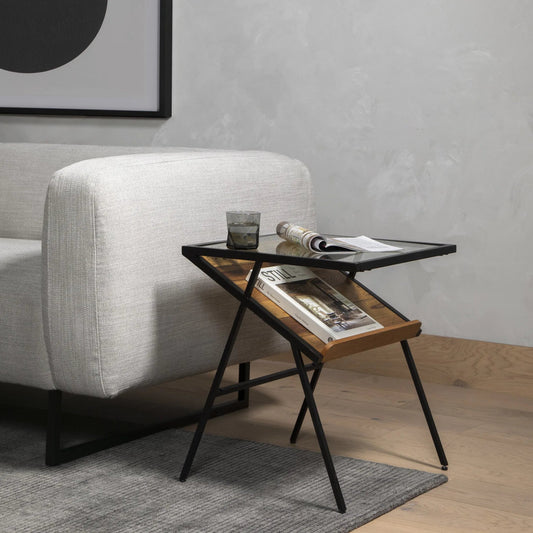 Mondrian Side Table by Four Hands in gunmetal, light honey. Made from iron, solid mixed reclaimed wood, tempered glass in a unique style.