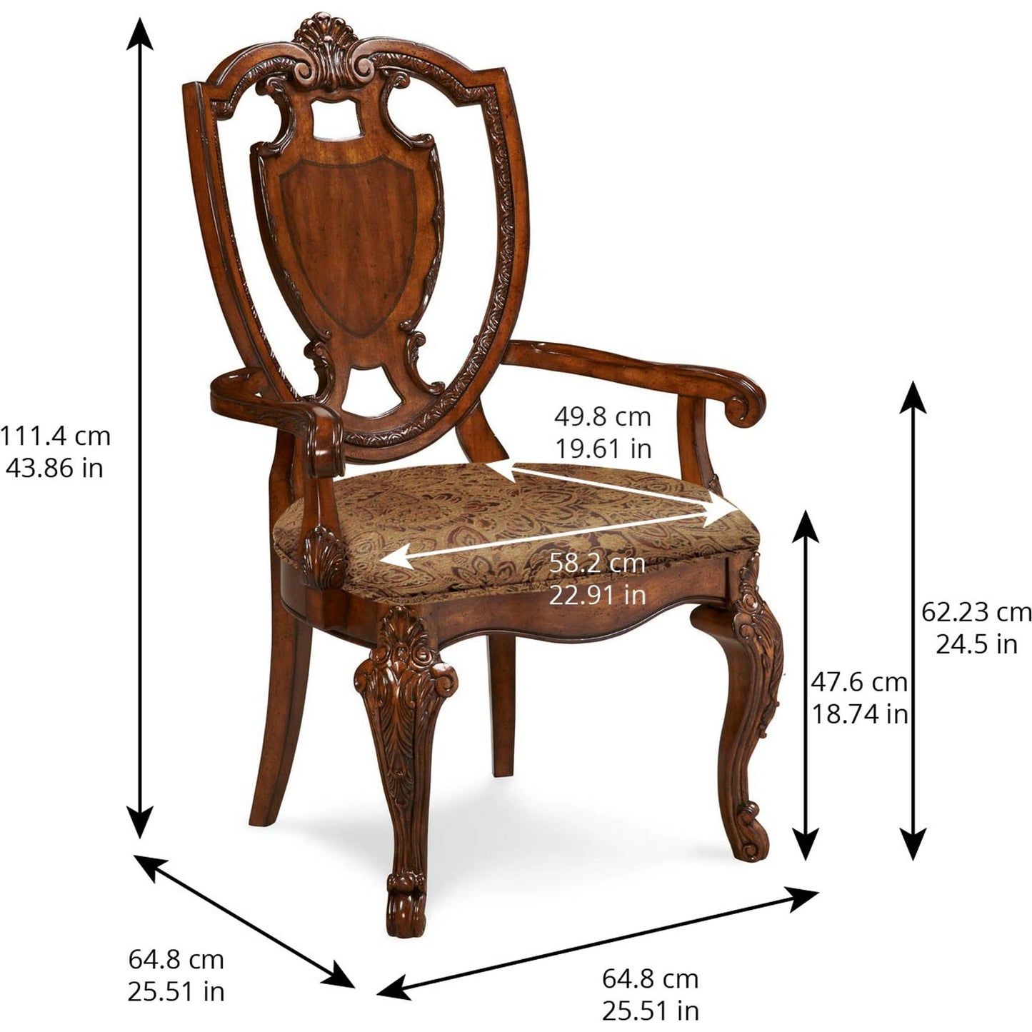 002 SI-2065097 | Additional Silo | Old World Shield Back Arm Chair (Set of 2) by A.R.T. Furniture in brown and medium cherry. Made from parawood solids, cherry and avodire veneers, foam, fabric in a traditional style.