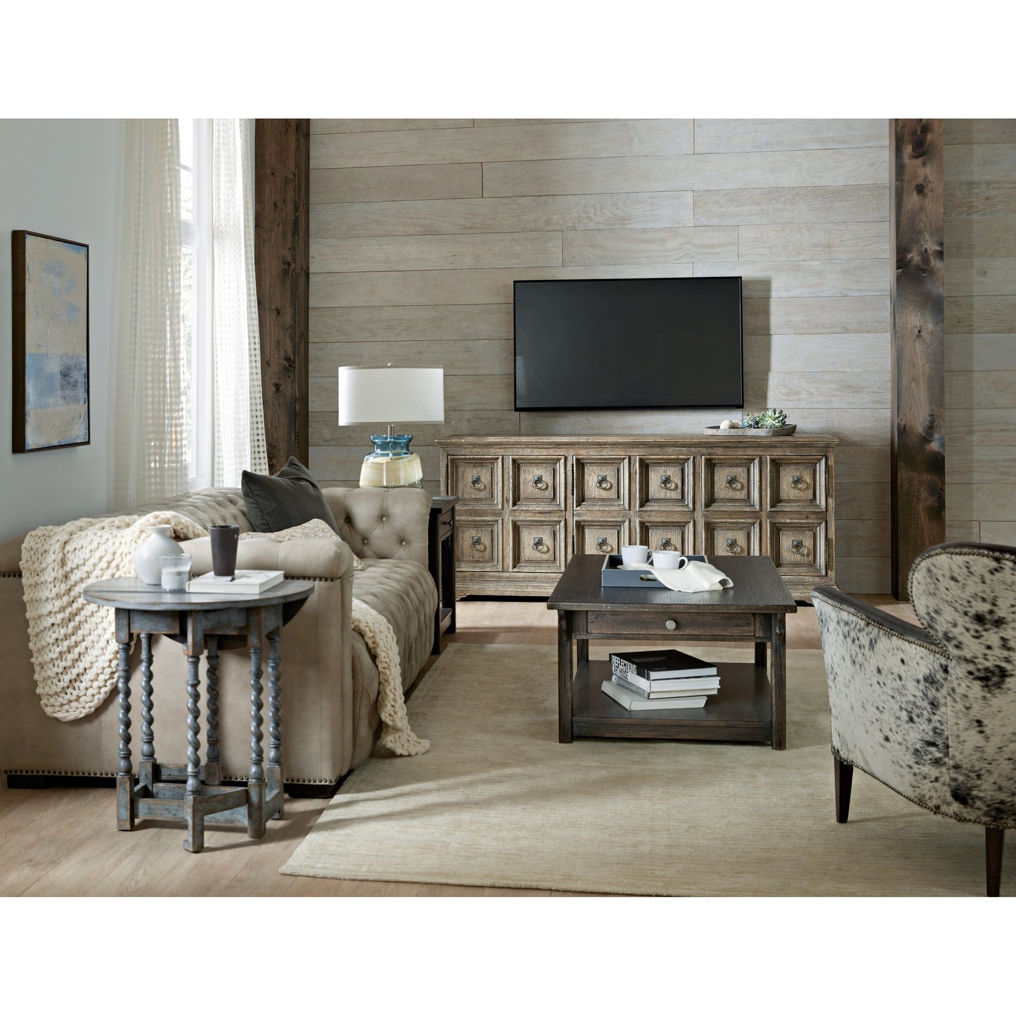007 SI-1749062 | Lifestyle | La Grange Prause Gate Leg Round Table by Hooker Furniture in blue bonnet. Made from pecky hickory veneer, solid-wood edge top in a unique style.