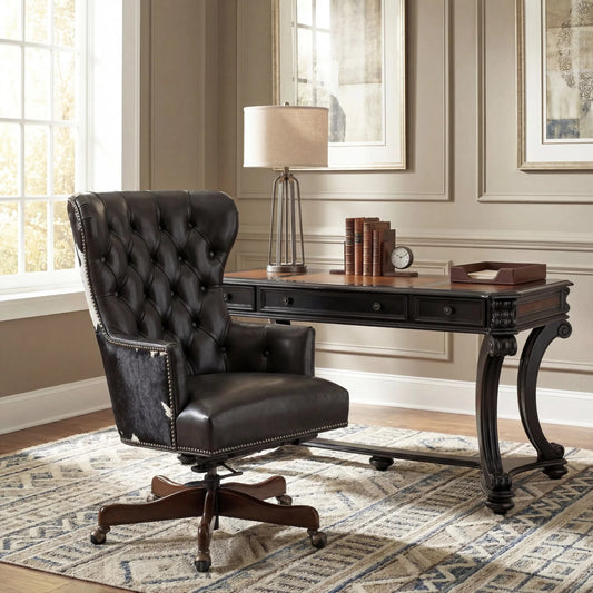 Katherine Executive Swivel Tilt Chair by Hooker Furniture in legendary graphite. Made from leather in a traditional style.