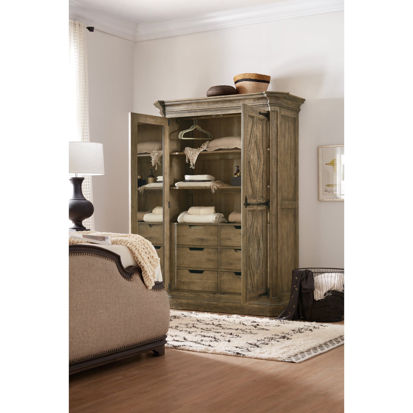 006 SI-1749059 | Lifestyle | La Grange Mt. Maria Wardrobe by Hooker Furniture in barn wood. Made from pecky hickory veneer, mirror in a traditional style.