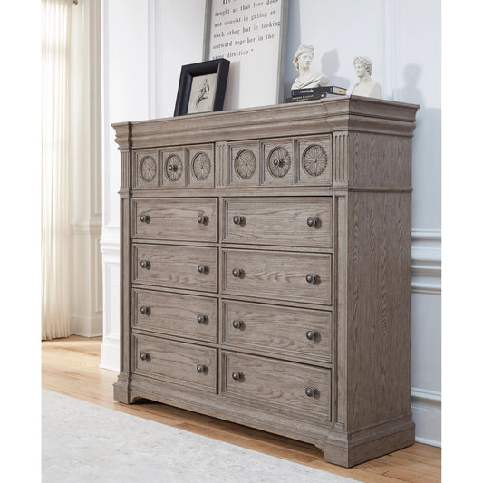 Kingsbury Master Chest by Pulaski Furniture in french grey. Made from oak veneers, hardwood solids in a traditional style.
