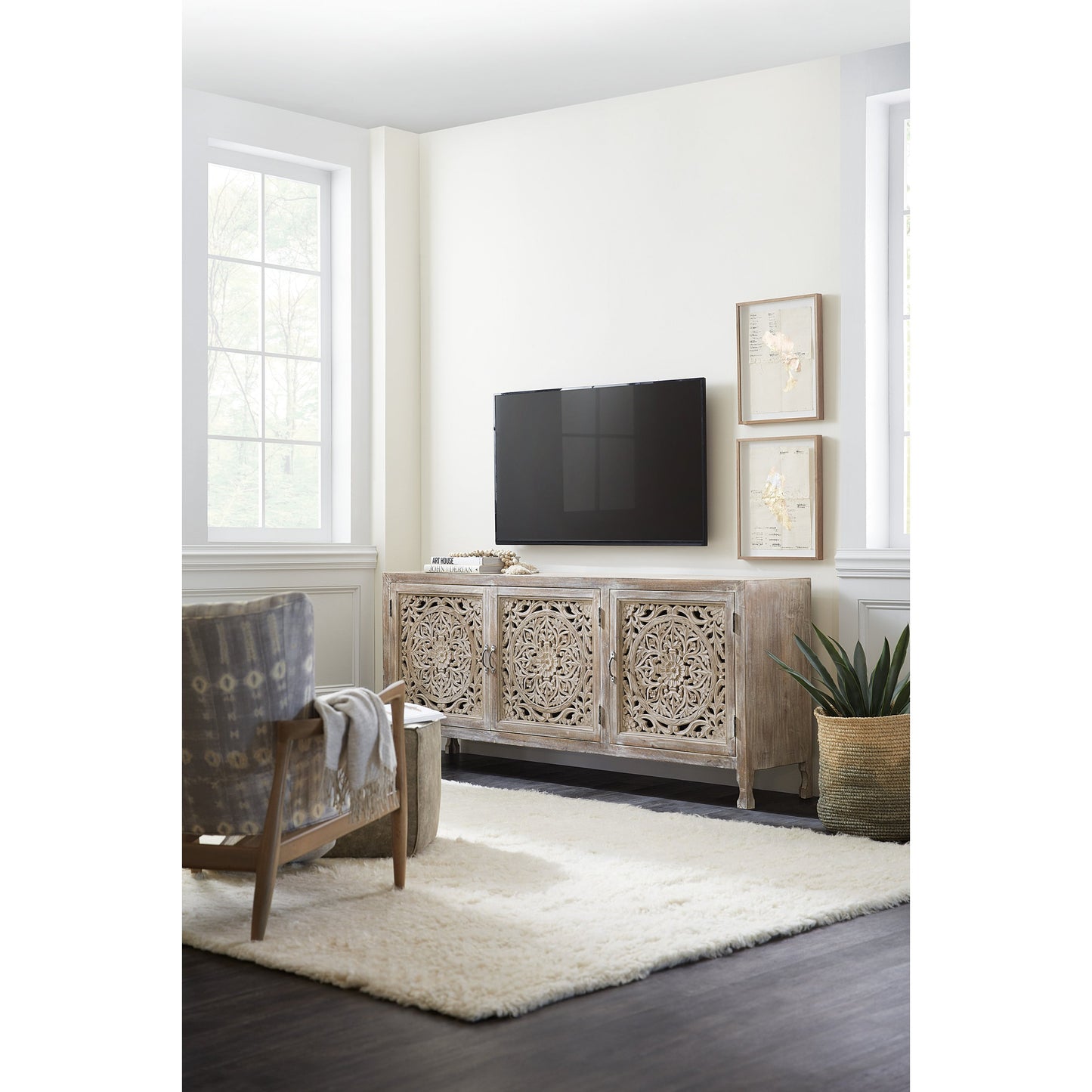 004 SI-1748874 | Lifestyle | Tan Entertainment Console by Hooker Furniture in distressed cream. Made from mango solids in a cottage & farmhouse style.