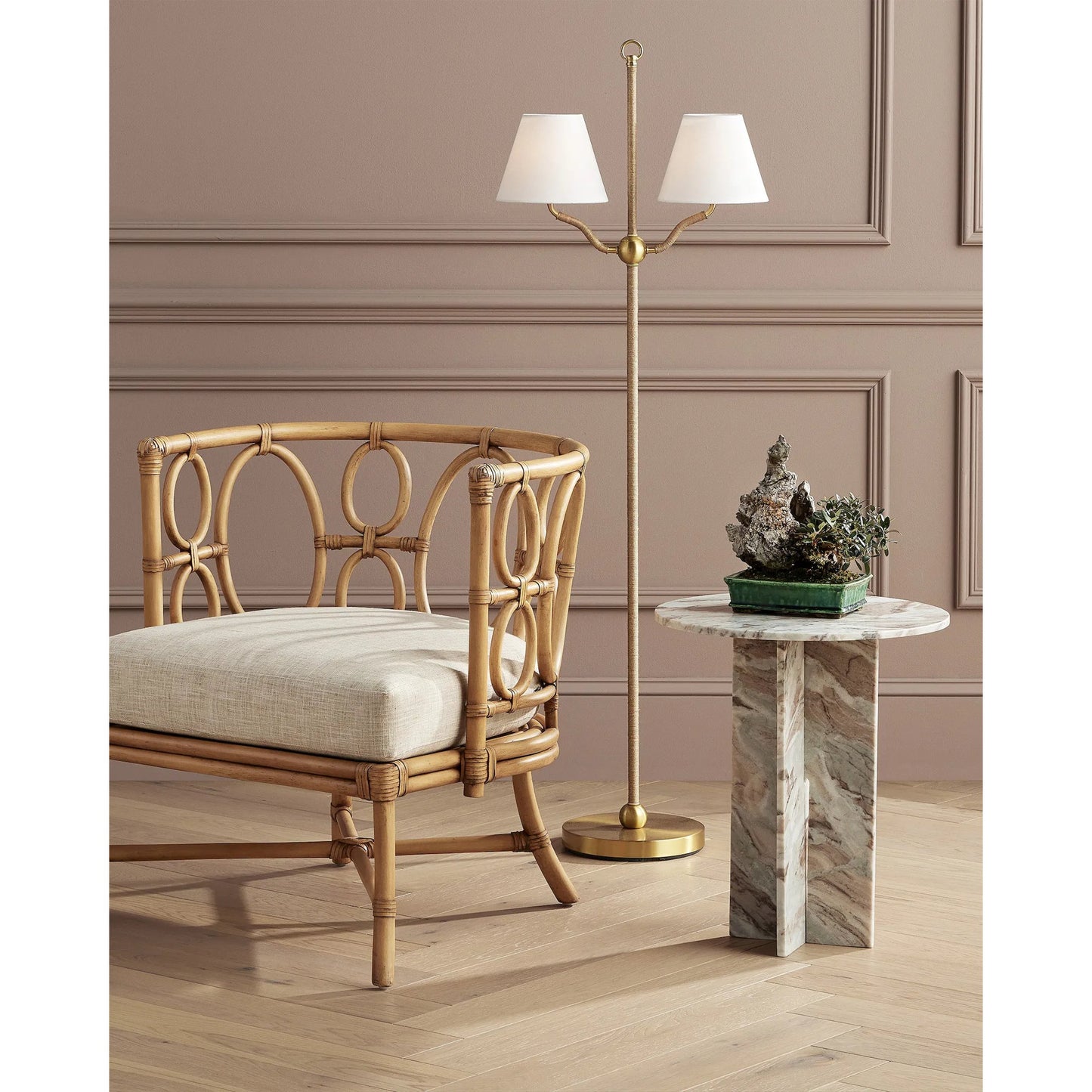 015 SR-890159 | Lifestyle | Harmon Accent Table by Currey and Company in natural. Made from marble in a modern style.