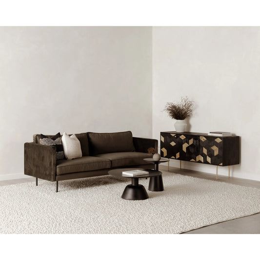 Raphael Sofa by Moe's Home Collection in green. Made from upholstery: 100% polyester, solid wood, mdf frame, high density polyurethane foam, fiber-fill, down, feather filling, black powder-coated steel legs in a modern style.