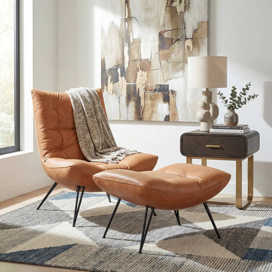 Kayne Accent Chair by Hooker Furniture in saddlebag coin and black metal legs. Made from leather in a traditional style.