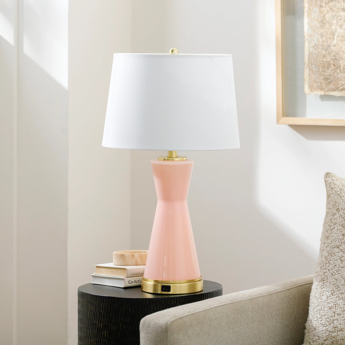 003 SI-2052657 | Lifestyle | Wendy Accent Table by Surya in gold, pink, translucent, metallic nickel, white and painted. Made from body: glass, base: metal, shade (outside): linen, shade (inside): polyester, finial: metal in a modern style.