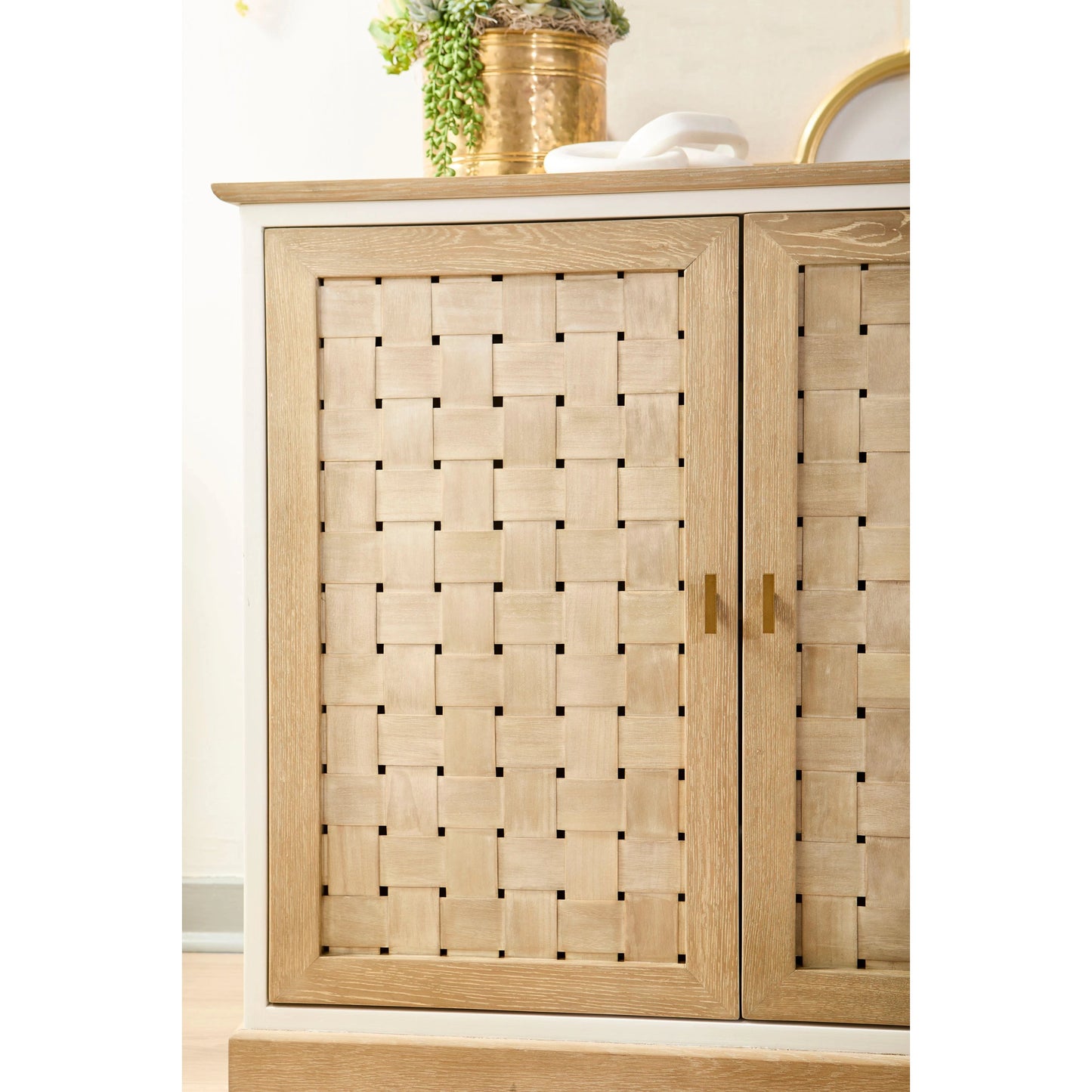 013 SI-2021762 | Closeup | Weave Media Sideboard by Essentials For Living in smoke gray oak, white painted oak. Made from solid oak wood, mdf, plywood in a cottage & farmhouse style.