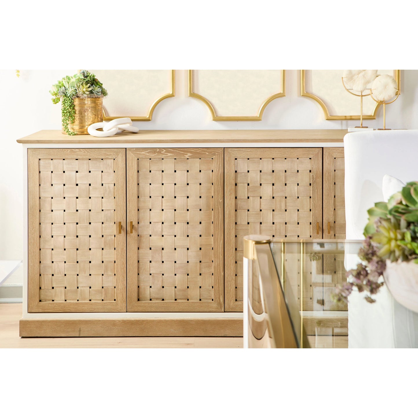 012 SI-2021762 | Closeup | Weave Media Sideboard by Essentials For Living in smoke gray oak, white painted oak. Made from solid oak wood, mdf, plywood in a cottage & farmhouse style.