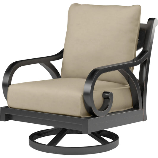 Monterey Outdoor Swivel Rocker in Linen Stone w/ Selt Welt by Sunset West in coppers. Made from aluminum in a cottage & farmhouse style.